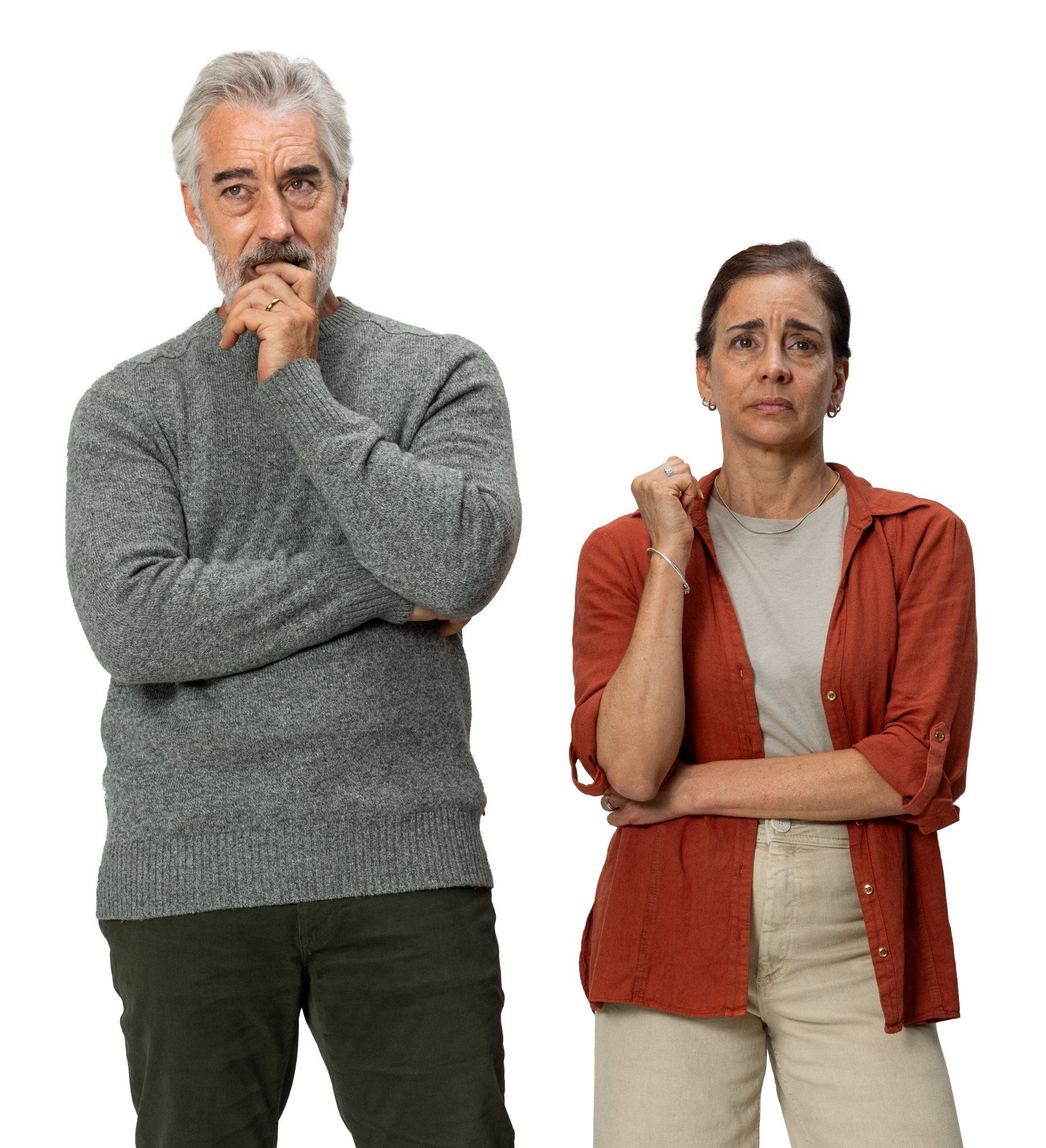 A man and woman standing side by side with concerned, worried expressions, both with their hands raised to their chins in a thoughtful pose.