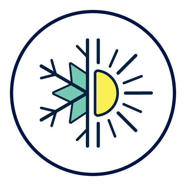 Circle icon showing a snowflake and sun, both halved and meeting in the middle.