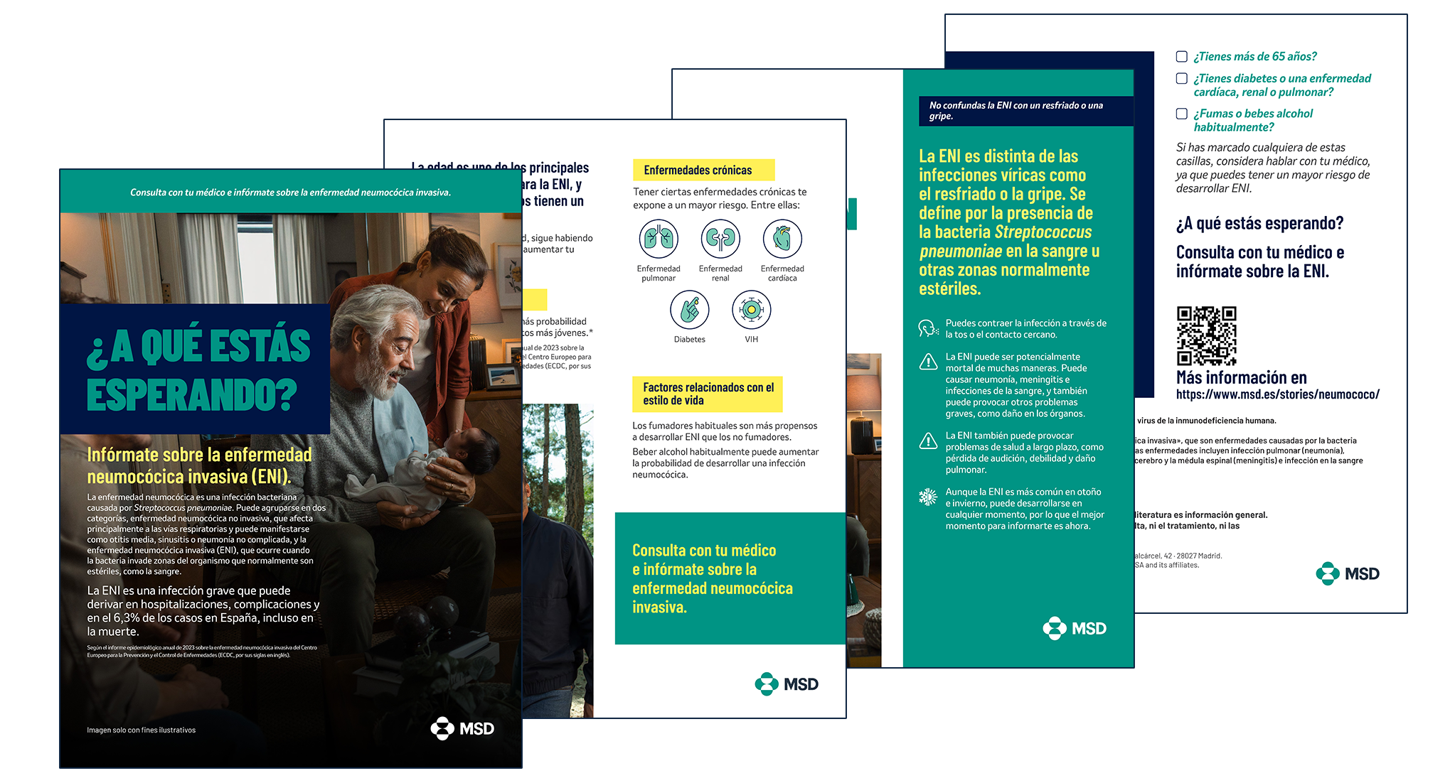 A mockup of this campaign's patient education brochure, showing multiple pages fanned out with teal and dark blue design.